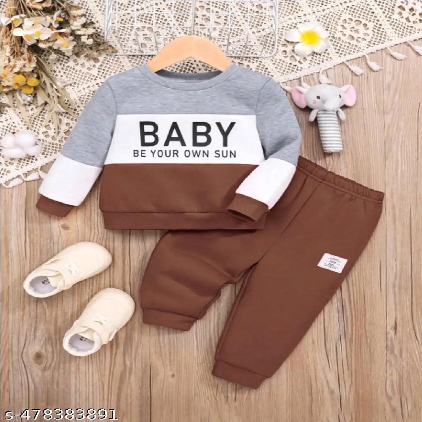 Brown Printed Cotton T-Shirt And Pant For Kids